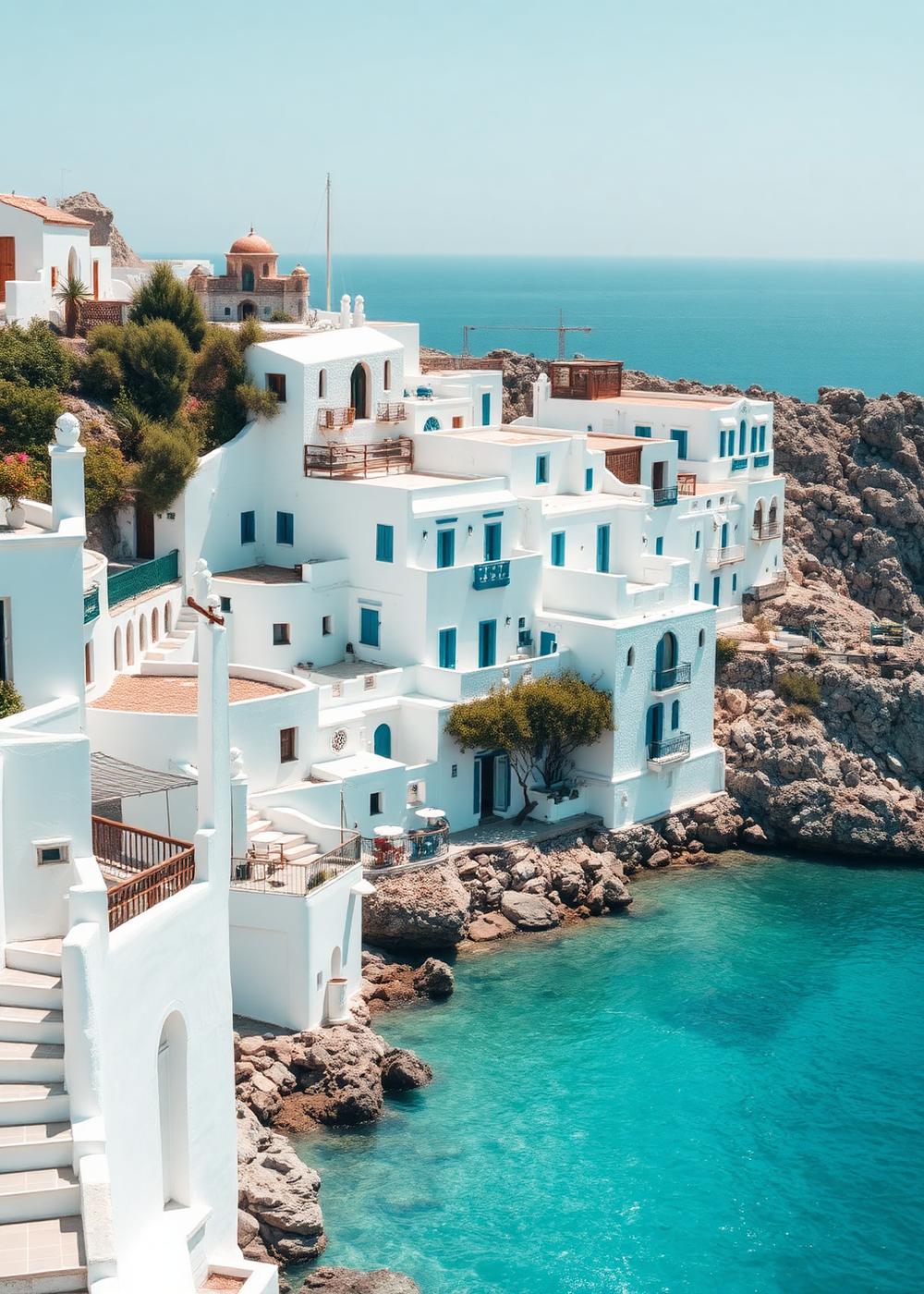 Whitewashed Mediterranean coastal village overlooking a bright sea