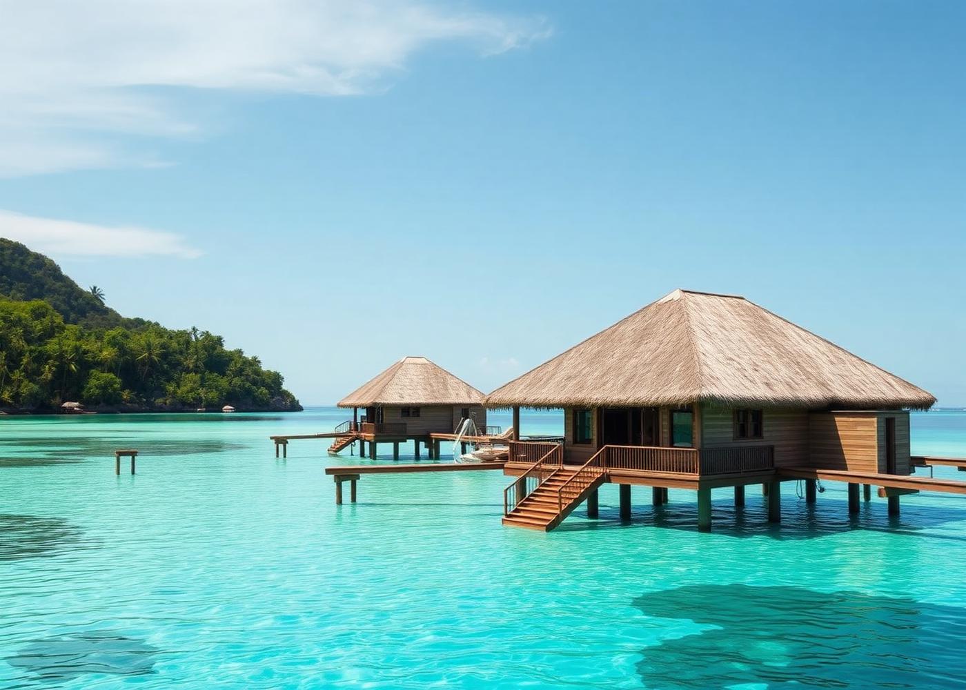 Overwater bungalows above a clear turquoise lagoon