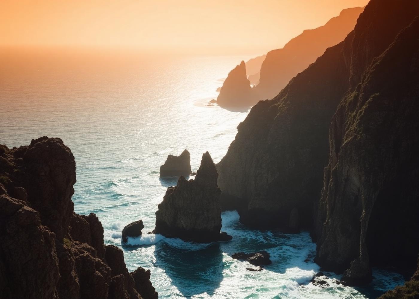 Dramatic coastal cliffs at golden hour above the ocean