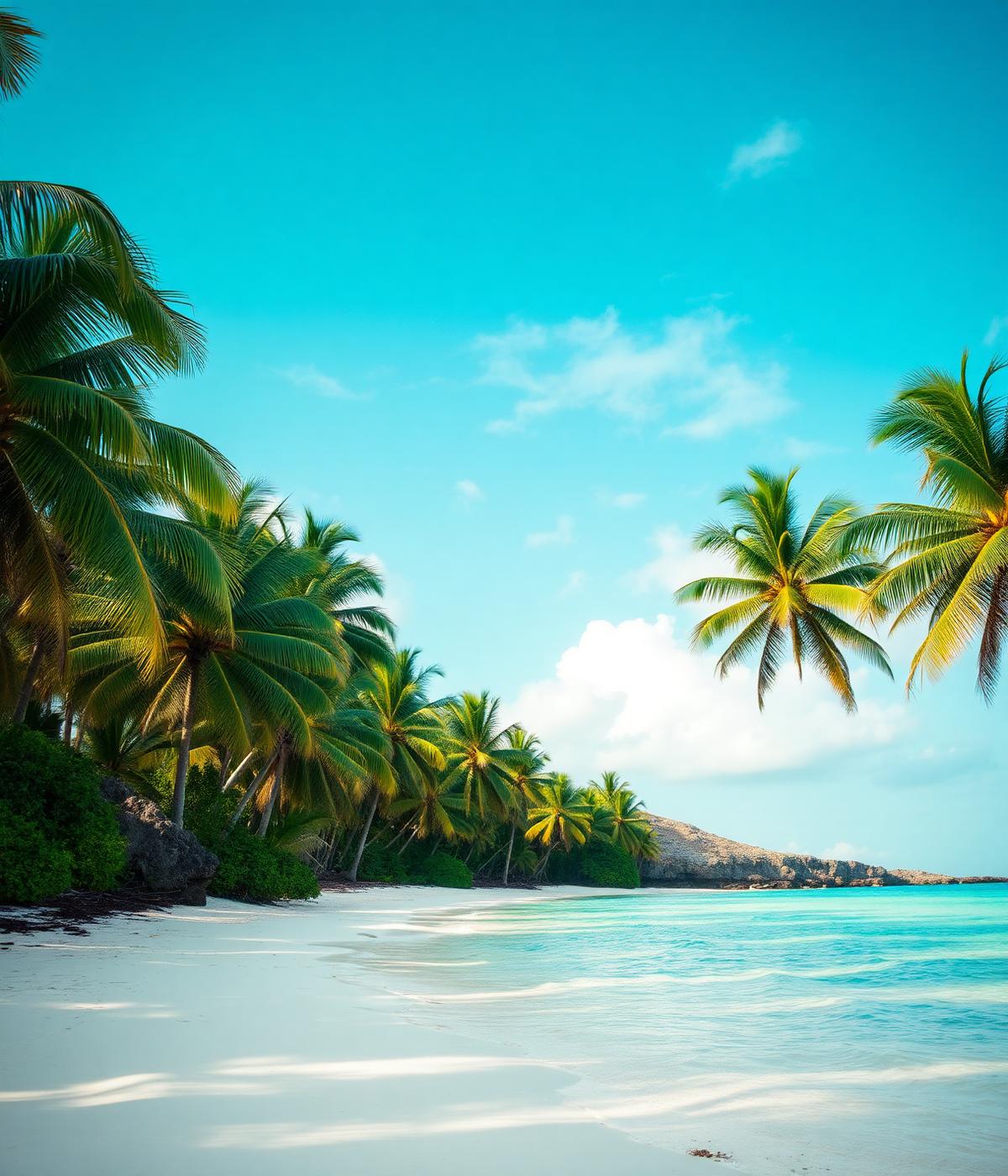 Palm-lined white sand beach with turquoise water